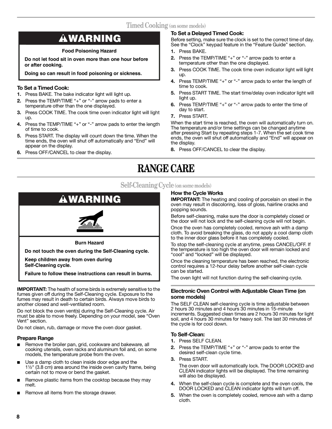 Whirlpool W10196152B warranty Range Care, Self-Cleaning Cycleon somemodels 