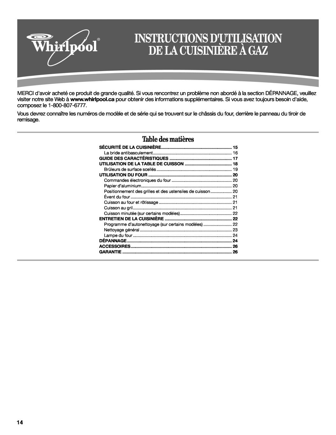 Whirlpool W10196152B Instructions Dutilisation, De La Cuisinière À Gaz, Table des matières, Guide Des Caractéristiques 