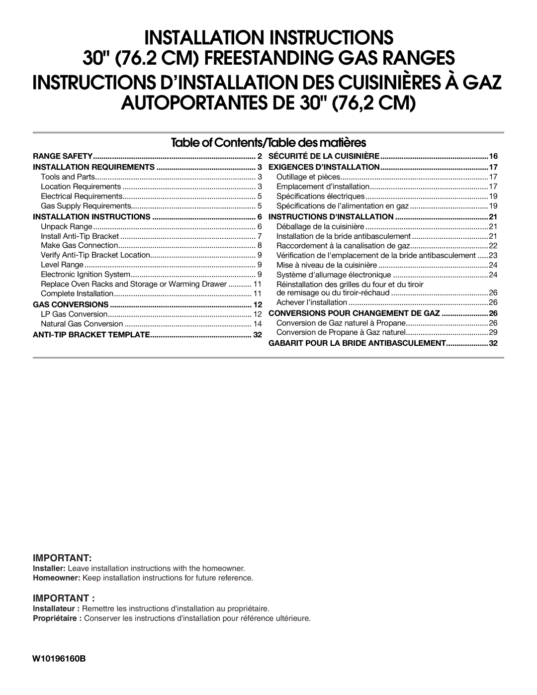 Whirlpool W10196160B installation instructions Autoportantes DE 30 76,2 CM 