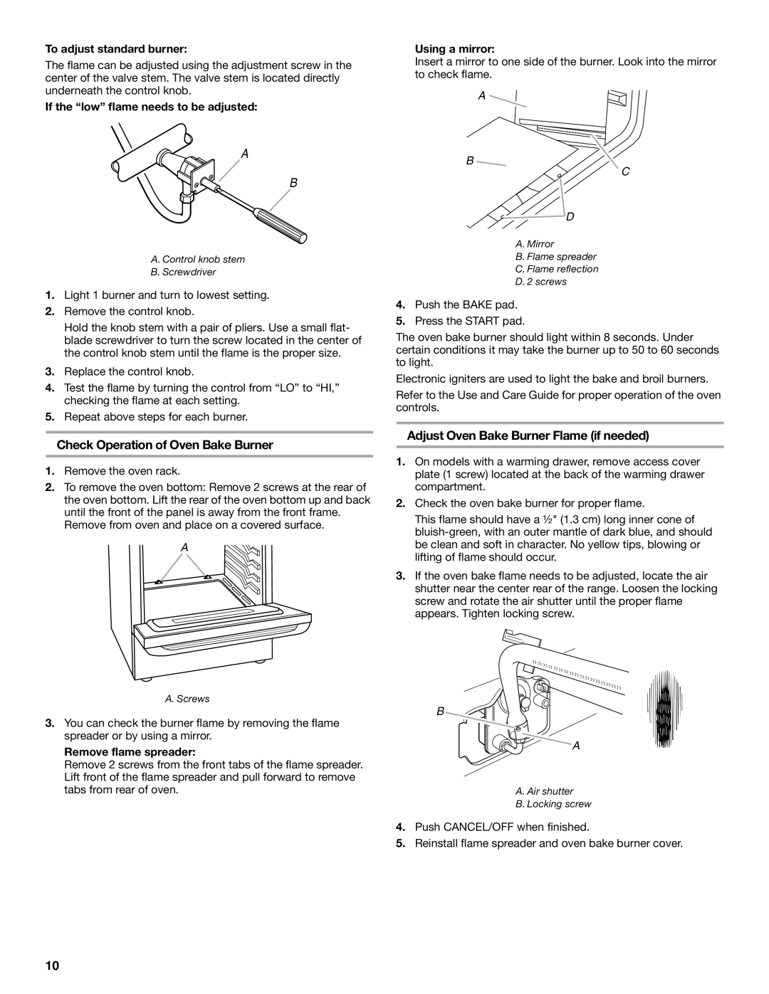 Whirlpool W10196160B installation instructions Check Operation of Oven Bake Burner, Adjust Oven Bake Burner Flame if needed 