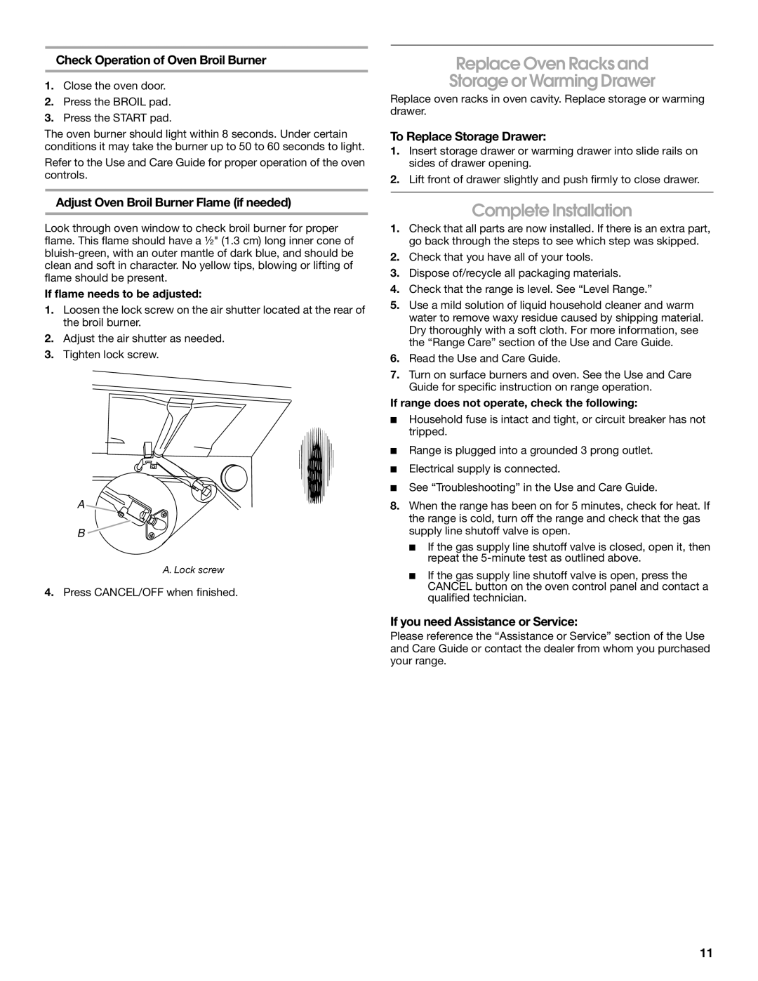 Whirlpool W10196160B installation instructions Replace Oven Racks Storage or Warming Drawer, Complete Installation 