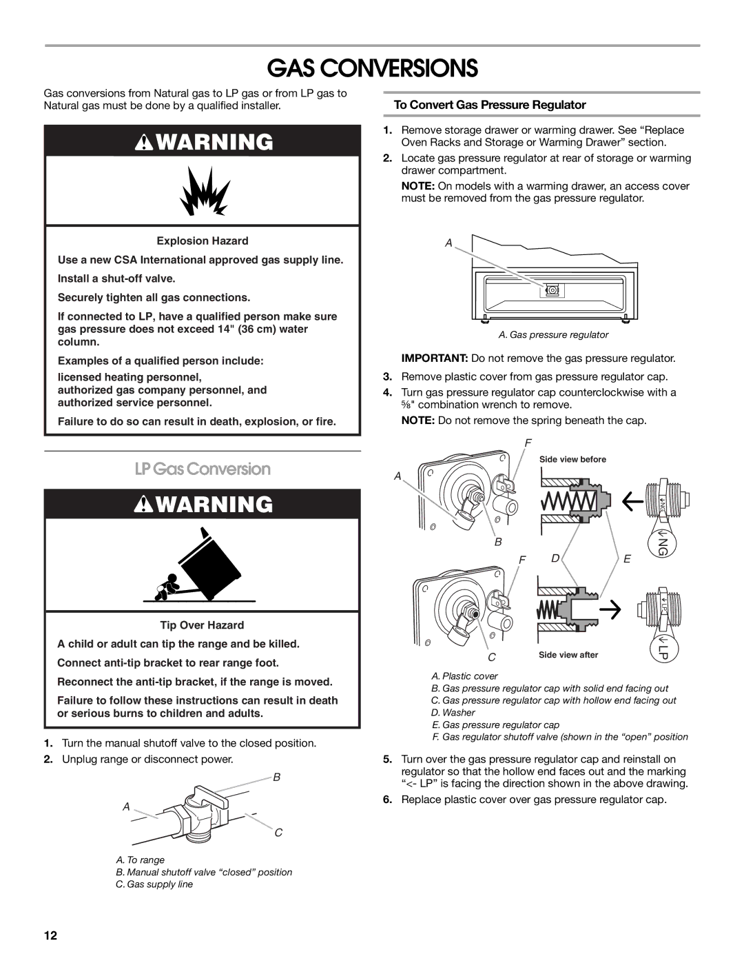 Whirlpool W10196160B installation instructions GAS Conversions, LP Gas Conversion, To Convert Gas Pressure Regulator 