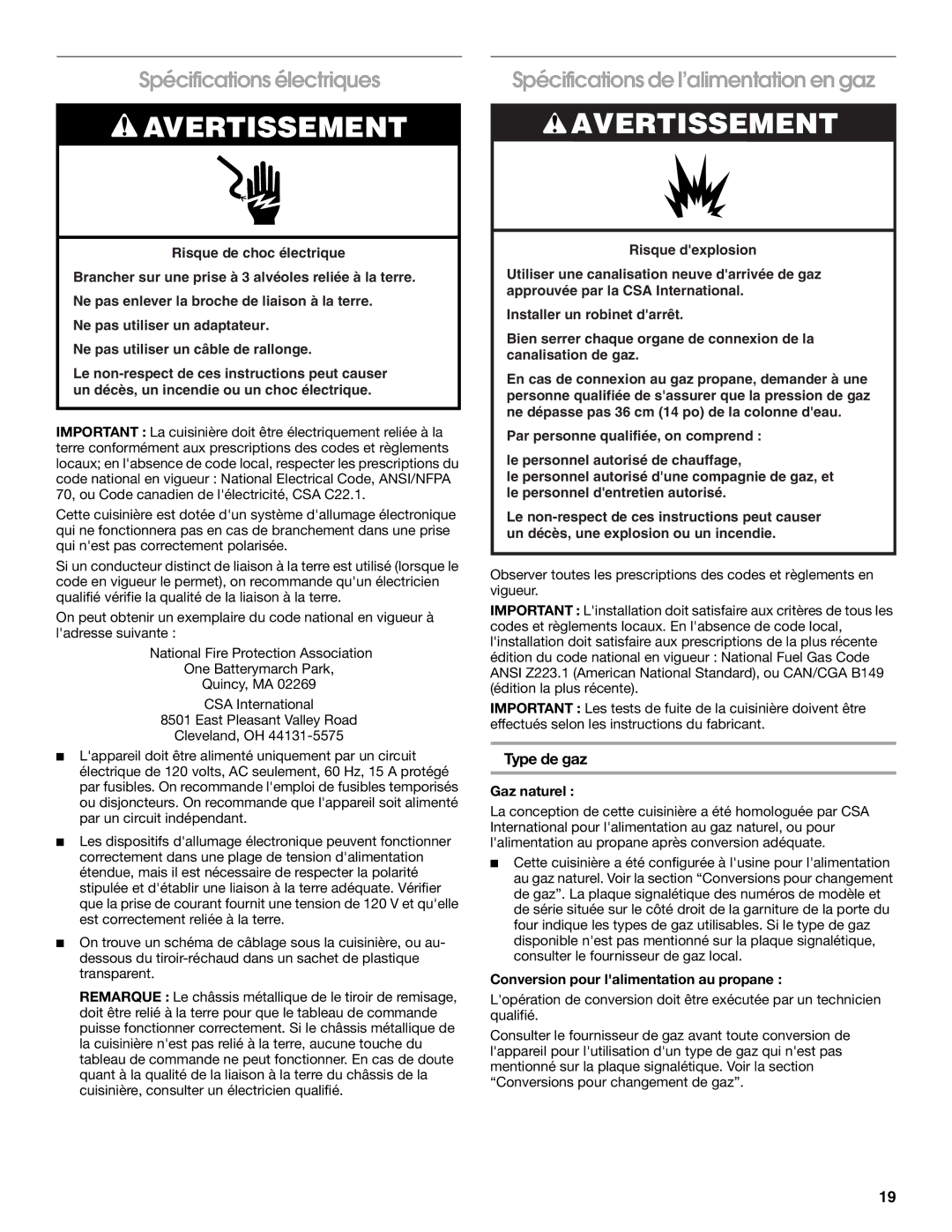 Whirlpool W10196160B Spécifications électriques, Spécifications de l’alimentation en gaz, Type de gaz, Gaz naturel 