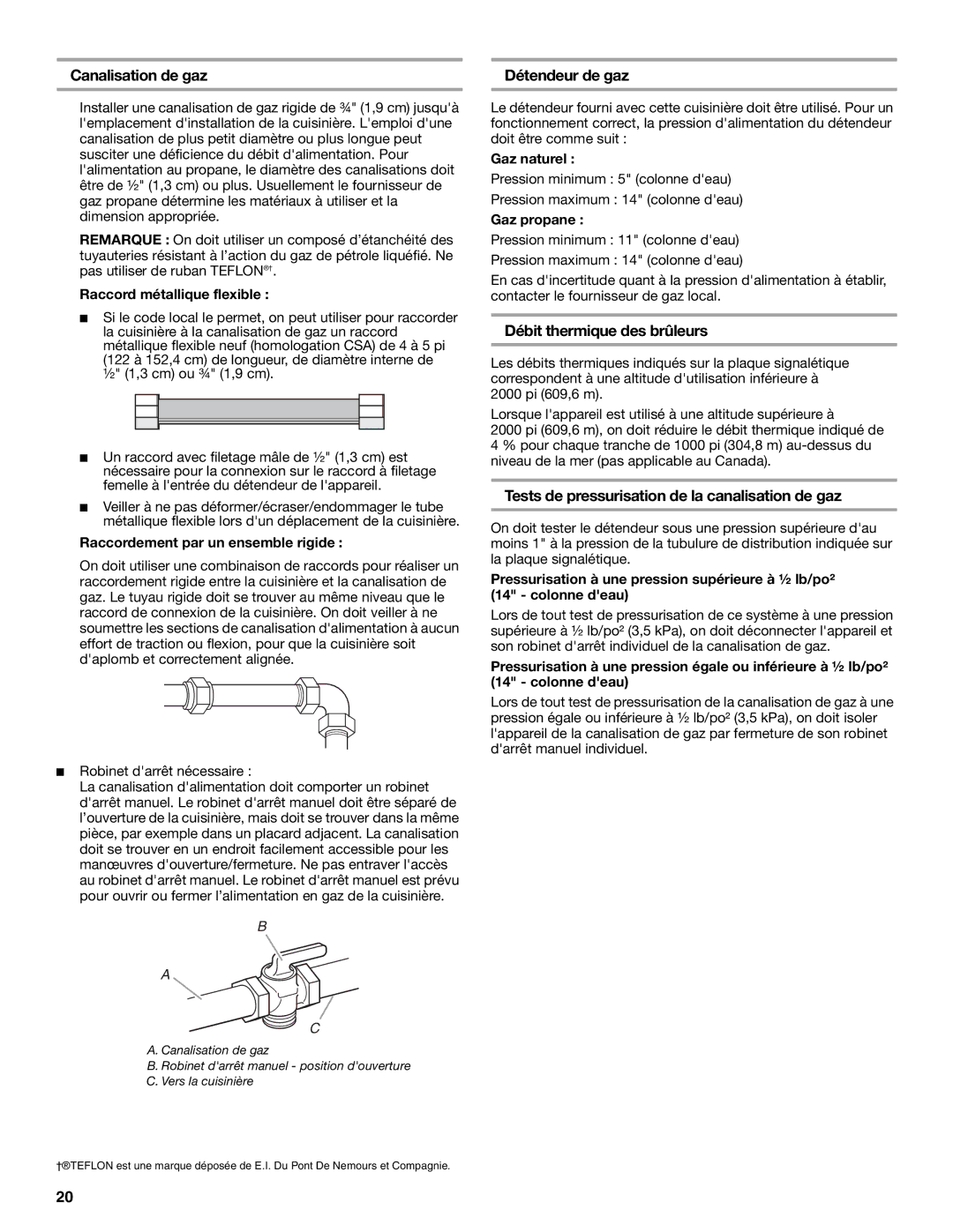 Whirlpool W10196160B installation instructions Canalisation de gaz, Détendeur de gaz, Débit thermique des brûleurs 