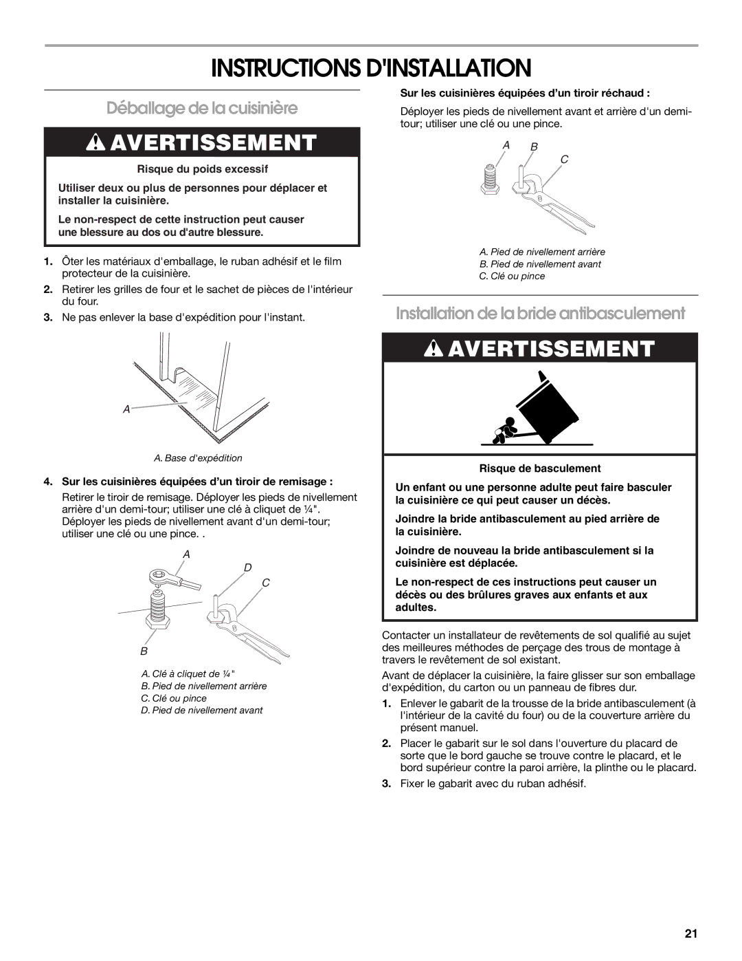 Whirlpool W10196160B Instructions Dinstallation, Déballage de la cuisinière, Installation de la bride antibasculement 