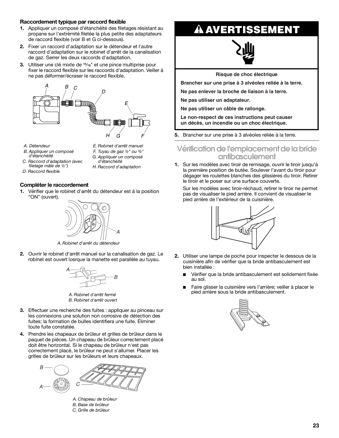 Whirlpool W10196160B Vérification de lemplacement de la bride Antibasculement, Raccordement typique par raccord flexible 