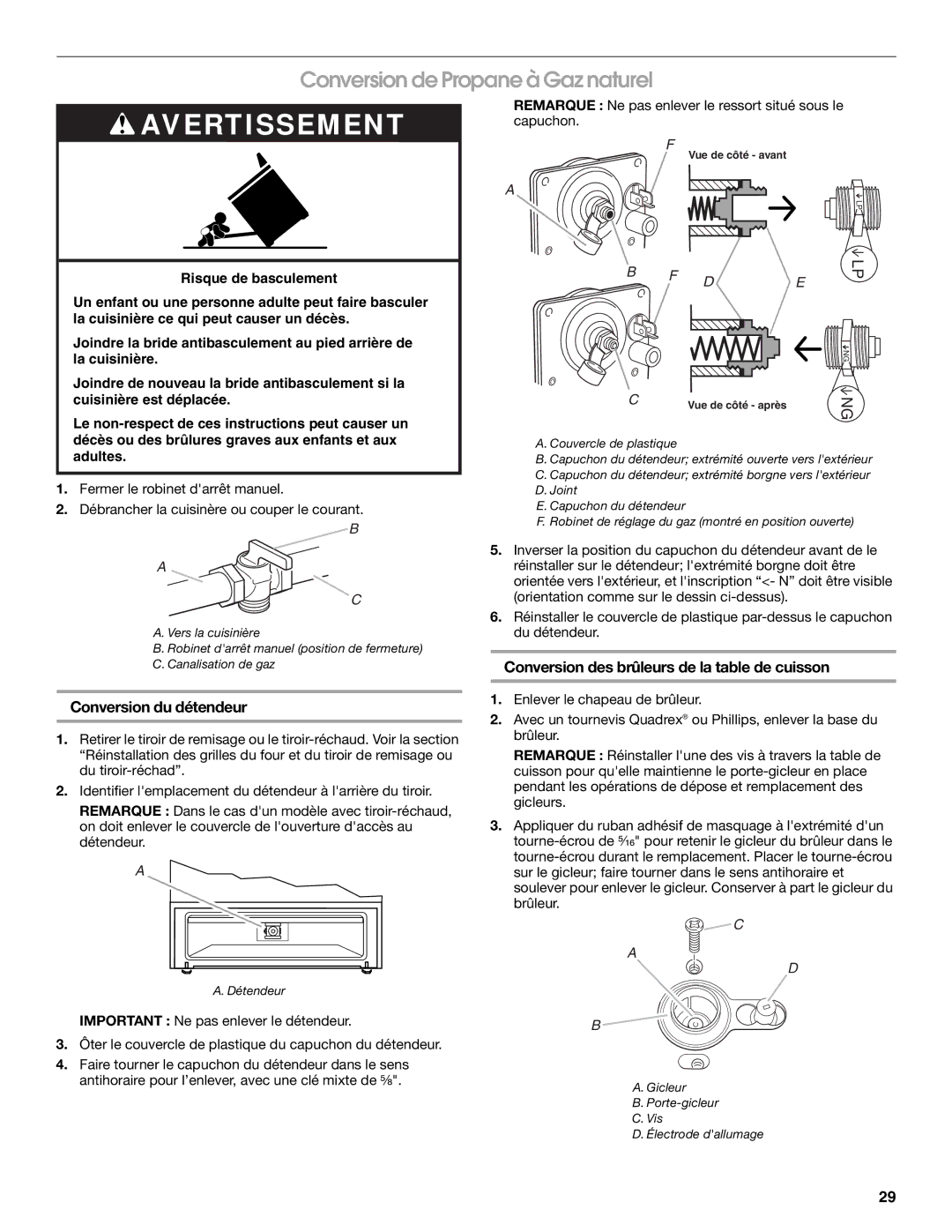 Whirlpool W10196160B installation instructions Conversion de Propane à Gaz naturel 