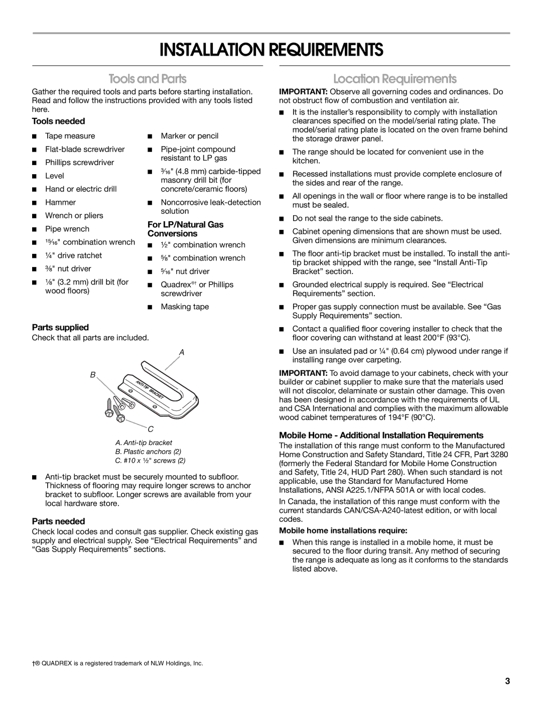 Whirlpool W10196160B installation instructions Installation Requirements, Tools and Parts, Location Requirements 