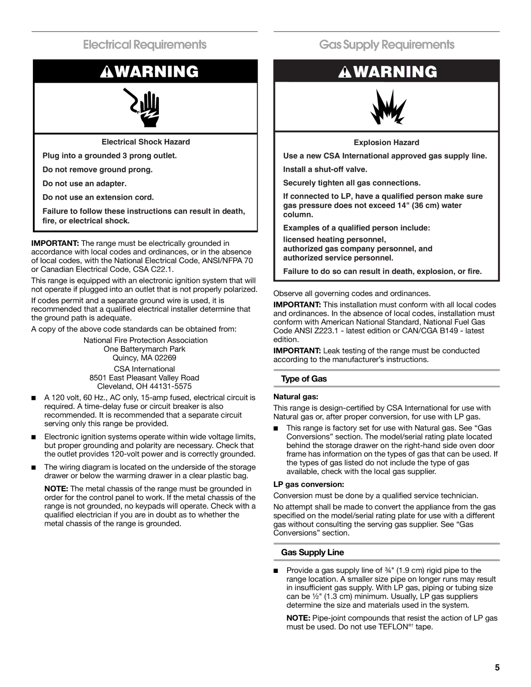 Whirlpool W10196160B Electrical Requirements, Type of Gas, Gas Supply Line, Natural gas, LP gas conversion 