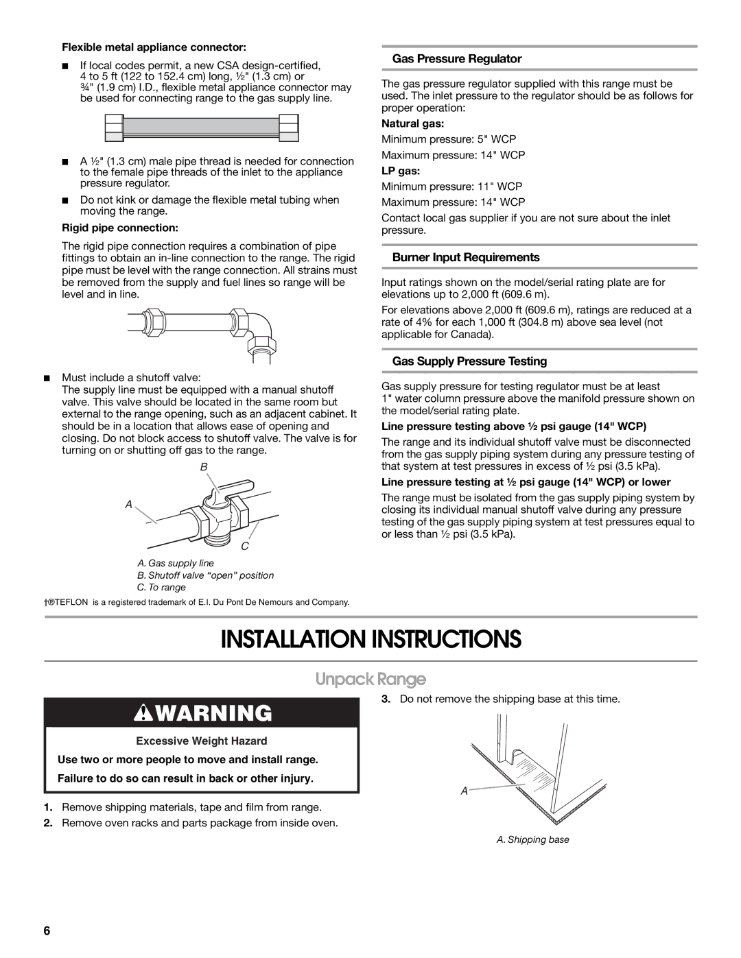 Whirlpool W10196160B Installation Instructions, Unpack Range, Gas Pressure Regulator, Burner Input Requirements 