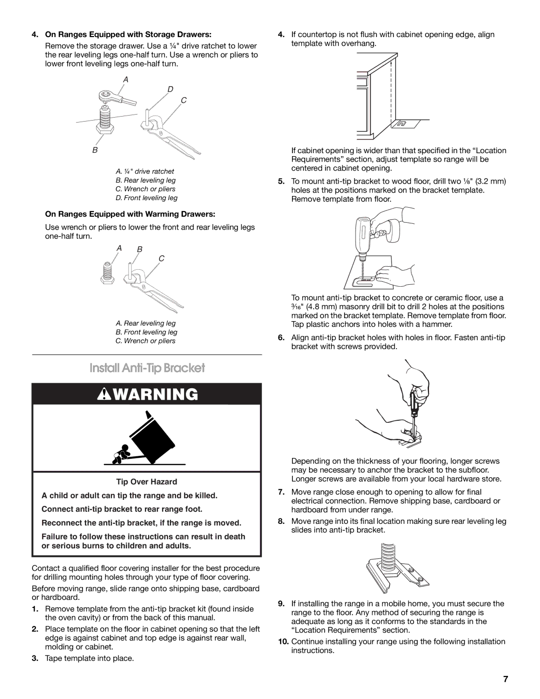 Whirlpool W10196160B installation instructions Install Anti-Tip Bracket, On Ranges Equipped with Storage Drawers 