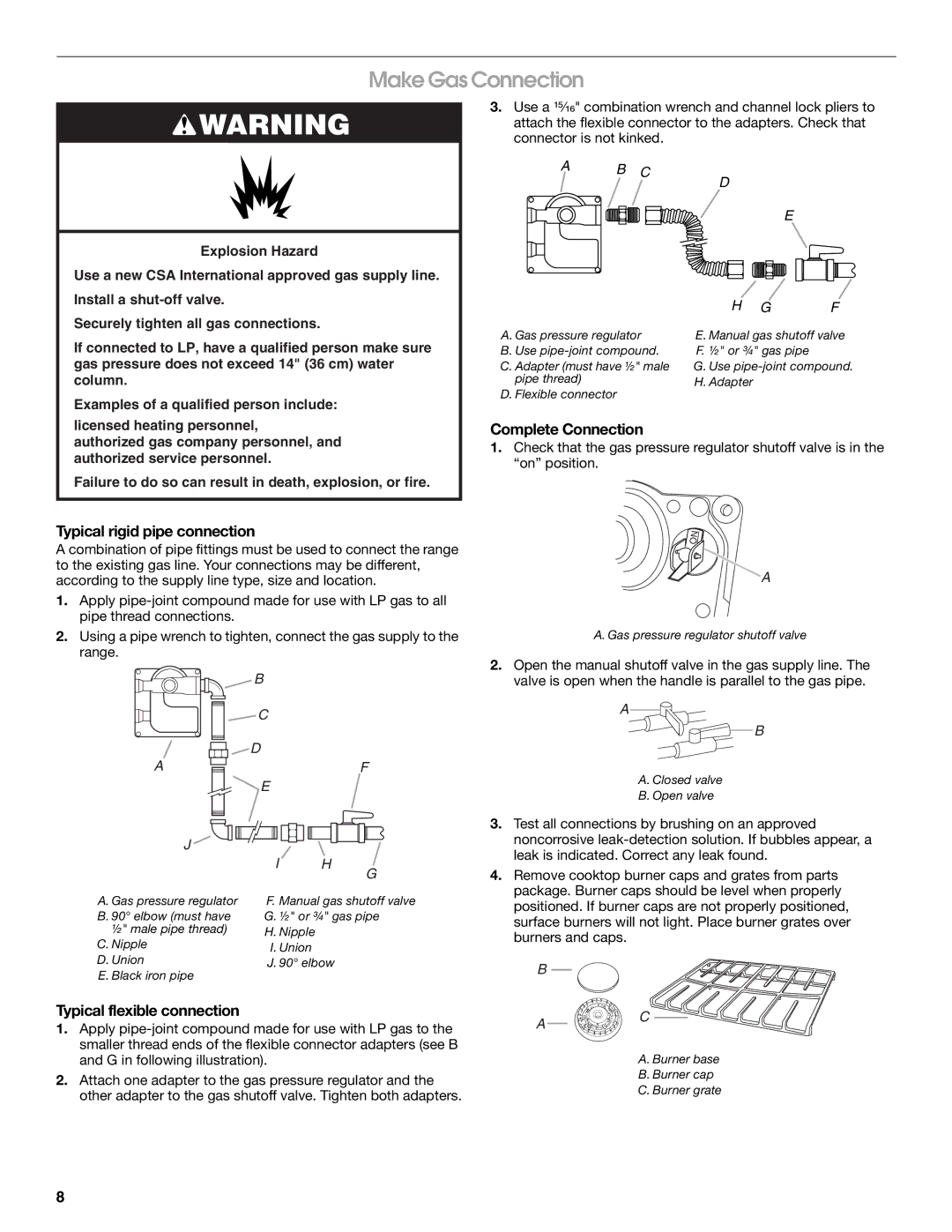 Whirlpool W10196160B Make Gas Connection, Typical rigid pipe connection, Complete Connection, Typical flexible connection 