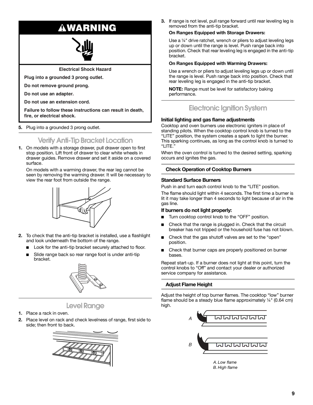 Whirlpool W10196160B installation instructions Verify Anti-Tip Bracket Location, Level Range, Electronic Ignition System 