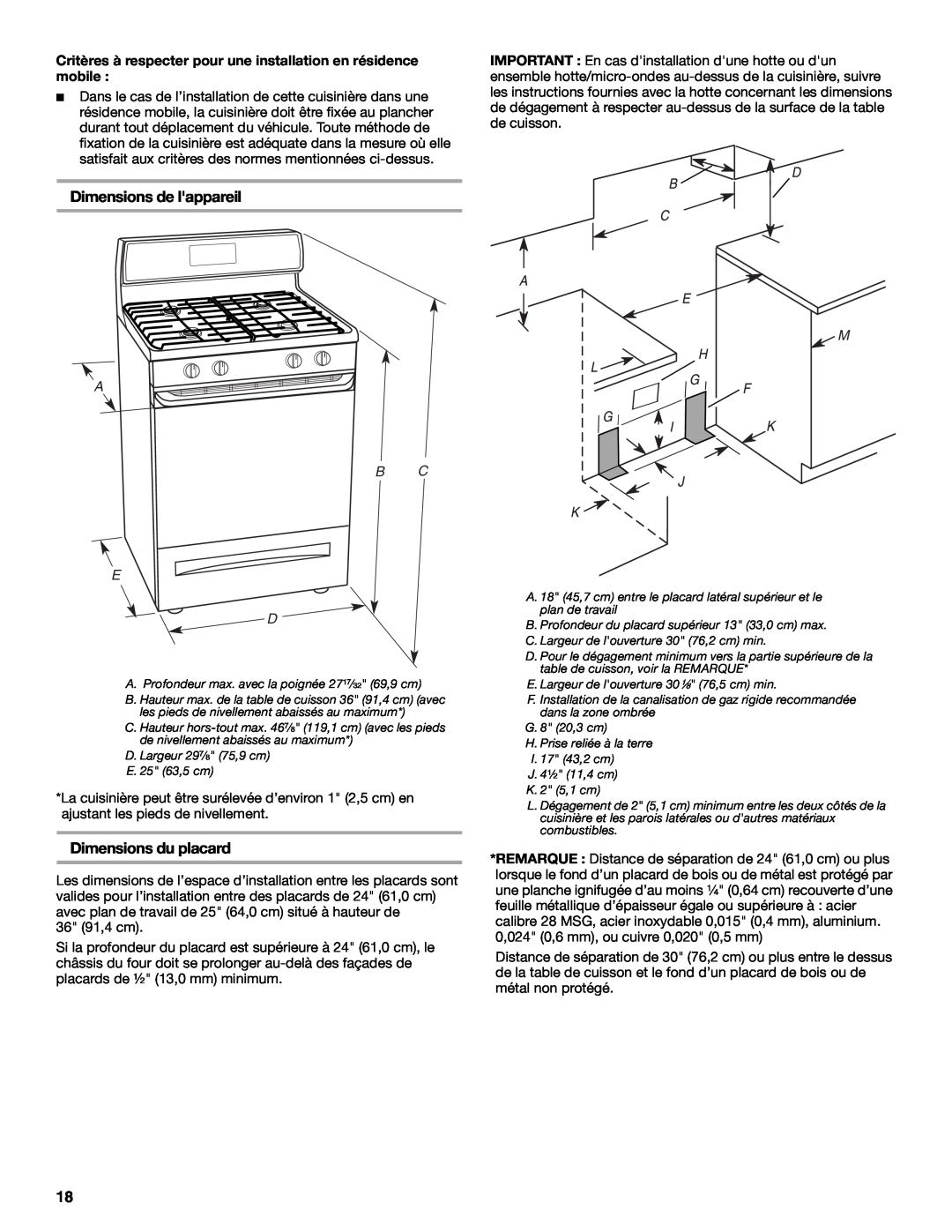 Whirlpool W10196160B installation instructions Dimensions de lappareil, Dimensions du placard, A Bc E D 