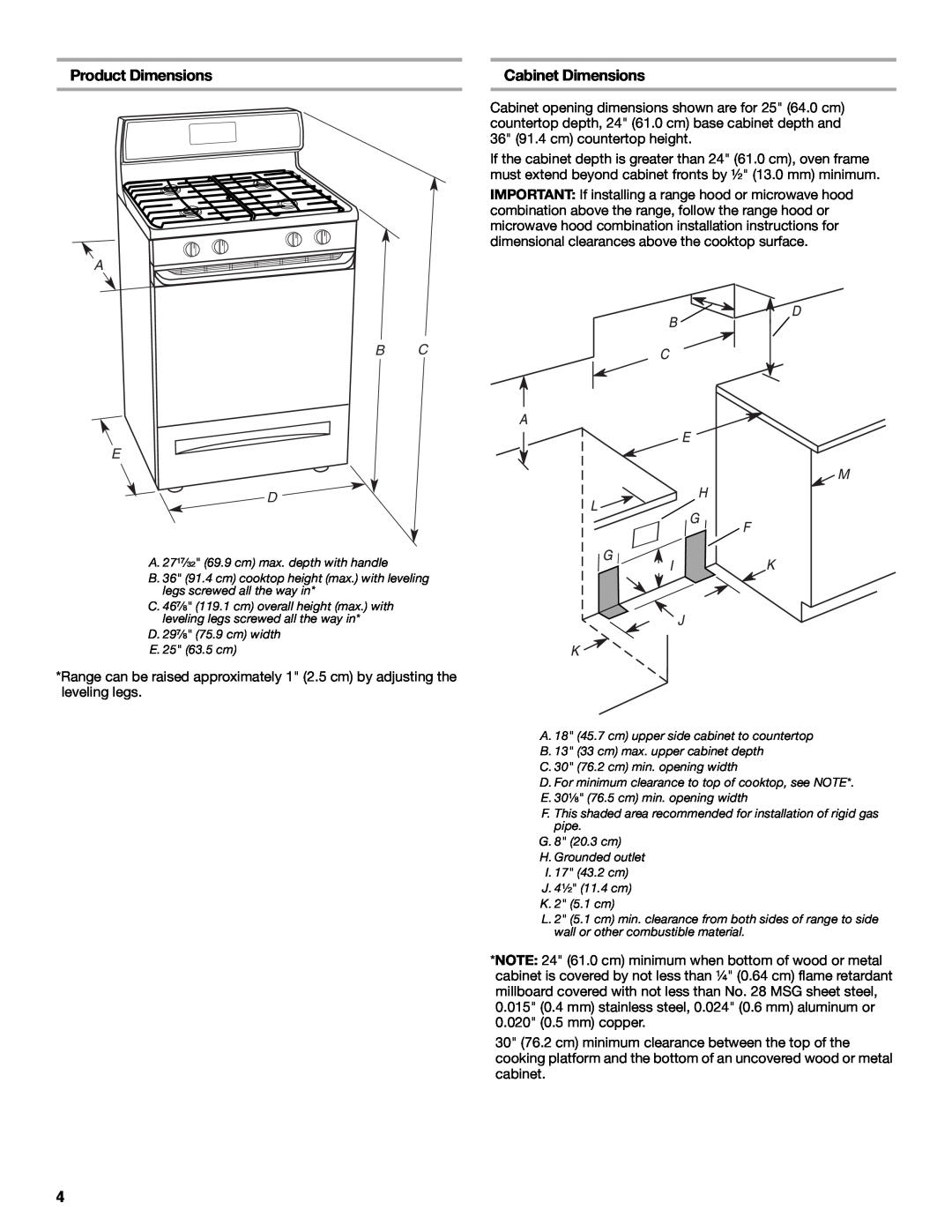 Whirlpool W10196160B installation instructions Product Dimensions, Cabinet Dimensions, A Bc E D 