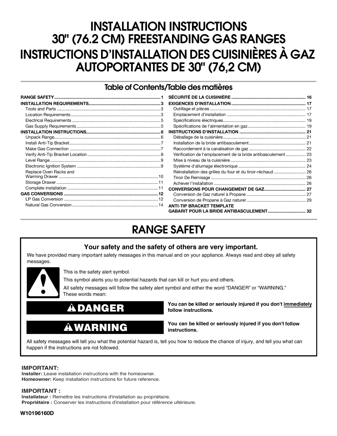 Whirlpool W10196160D installation instructions Instructions D’INSTALLATION DES Cuisinières À GAZ, Range Safety 