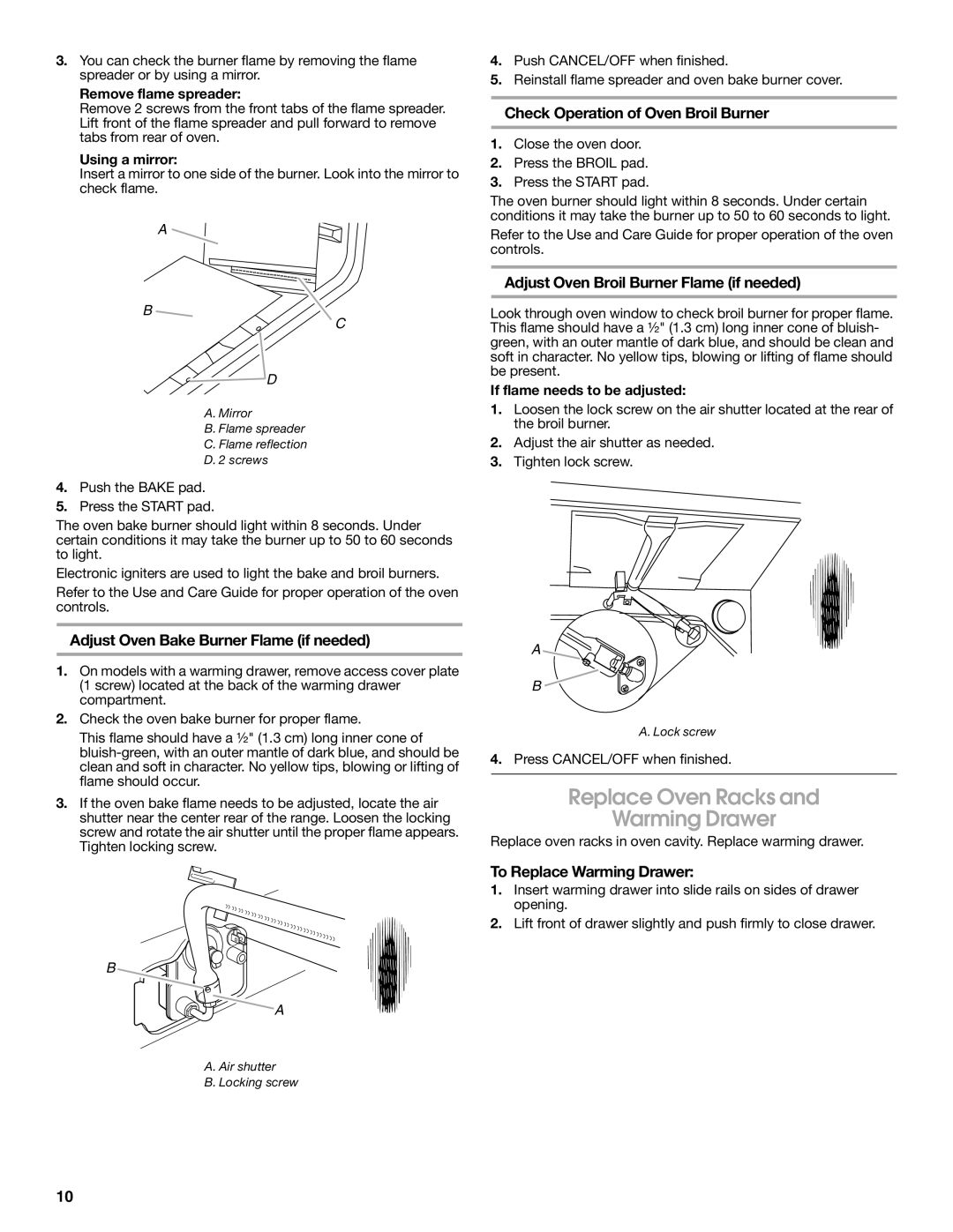 Whirlpool W10196160D Replace Oven Racks Warming Drawer, Adjust Oven Bake Burner Flame if needed, To Replace Warming Drawer 