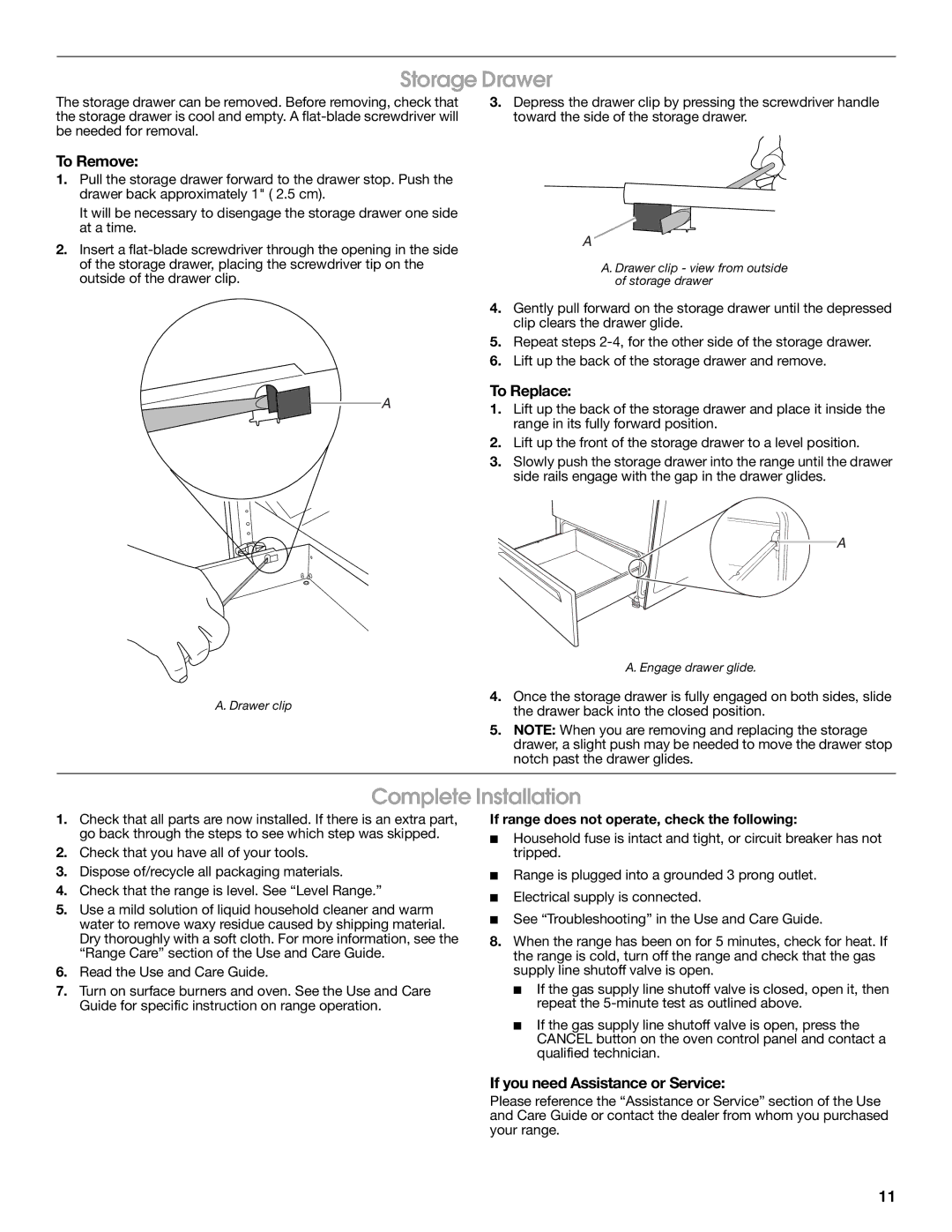 Whirlpool W10196160D Storage Drawer, Complete Installation, To Remove, To Replace, If you need Assistance or Service 