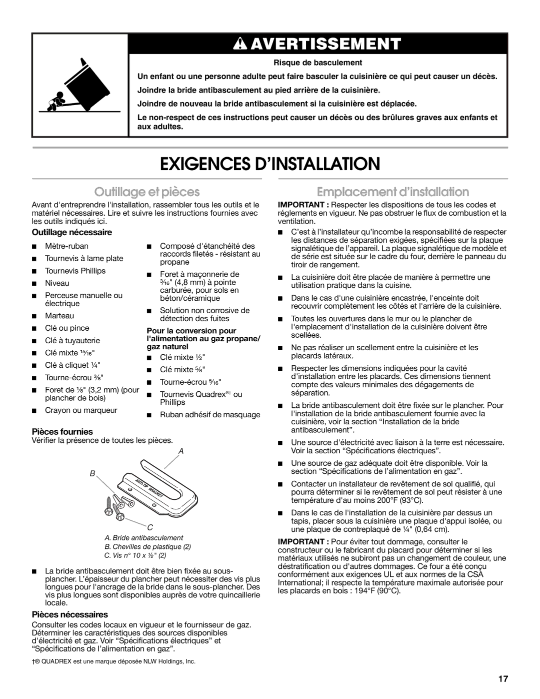 Whirlpool W10196160D installation instructions Exigences D’INSTALLATION, Outillage et pièces, Emplacement d’installation 