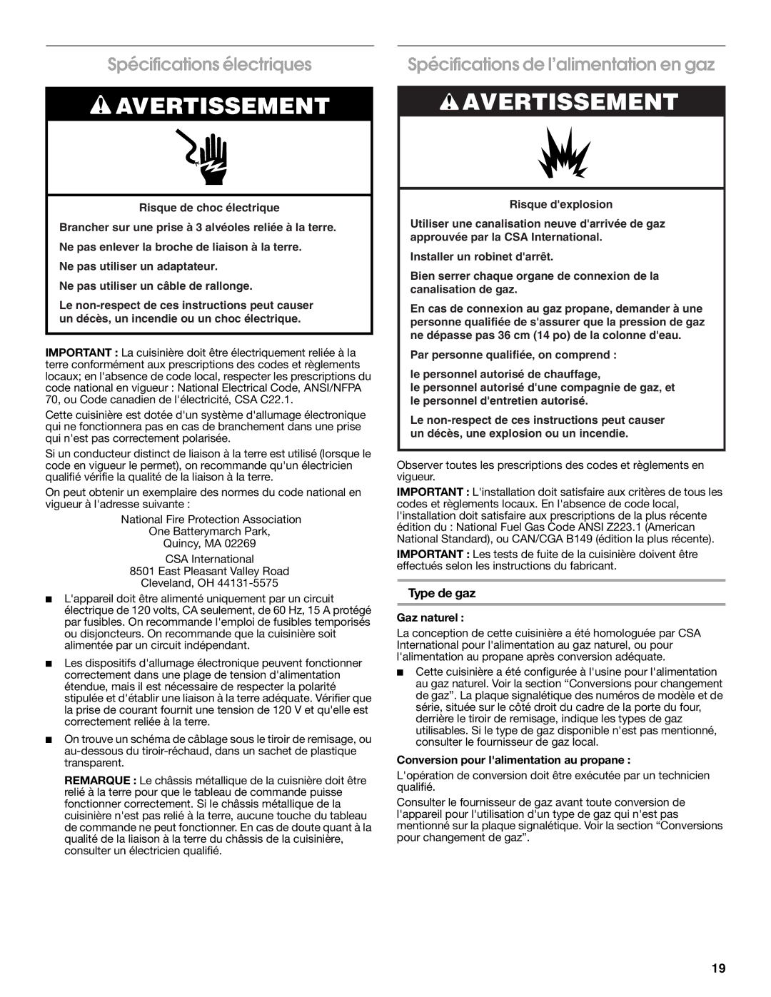 Whirlpool W10196160D Spécifications électriques, Spécifications de l’alimentation en gaz, Type de gaz, Gaz naturel 