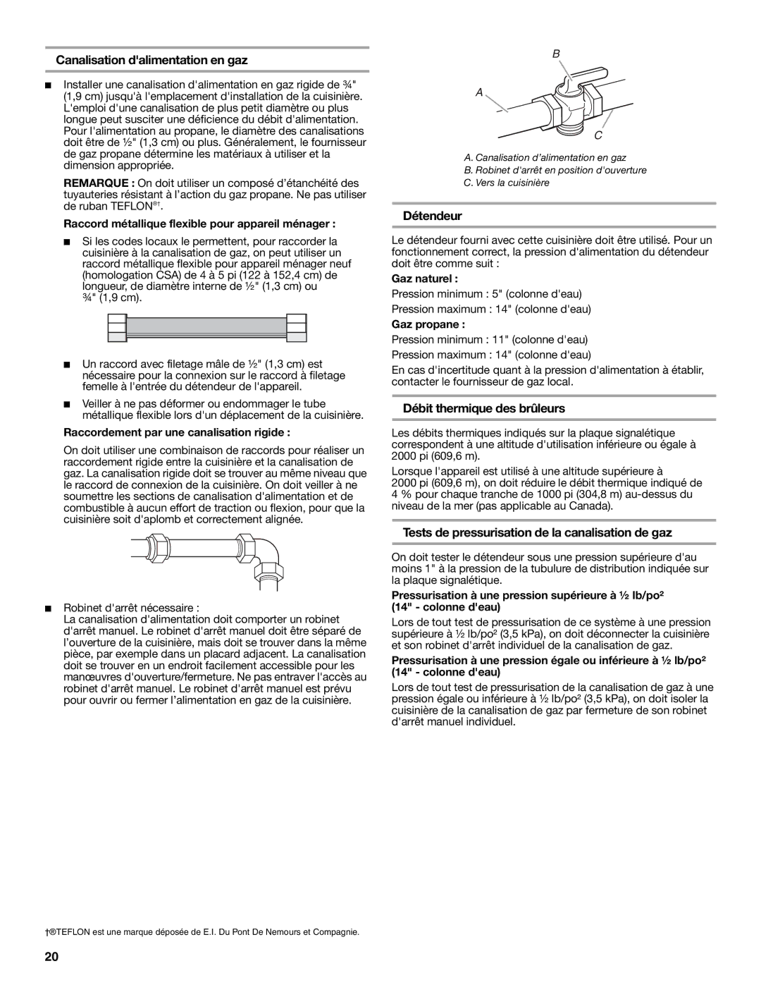 Whirlpool W10196160D installation instructions Canalisation dalimentation en gaz, Détendeur, Débit thermique des brûleurs 