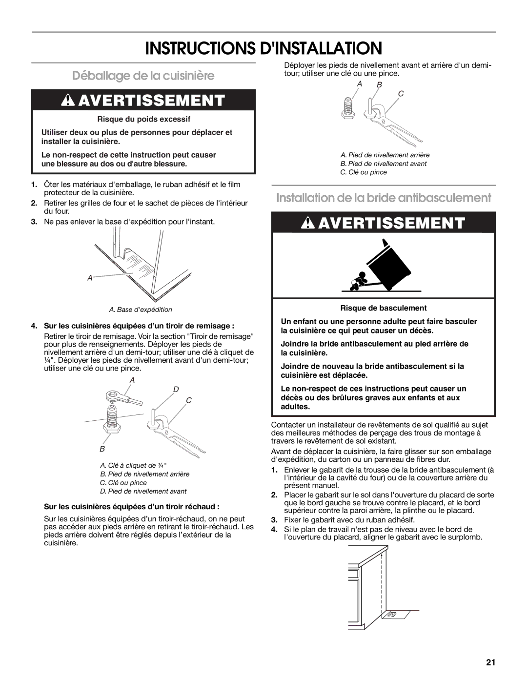 Whirlpool W10196160D Instructions Dinstallation, Déballage de la cuisinière, Installation de la bride antibasculement 