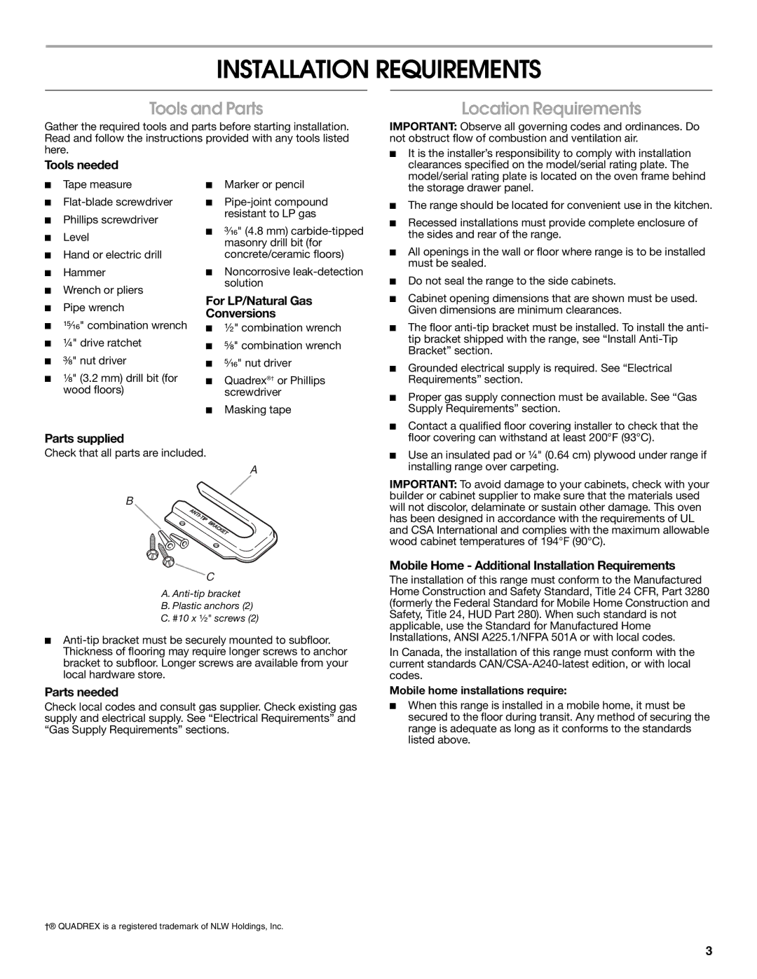 Whirlpool W10196160D installation instructions Installation Requirements, Tools and Parts, Location Requirements 