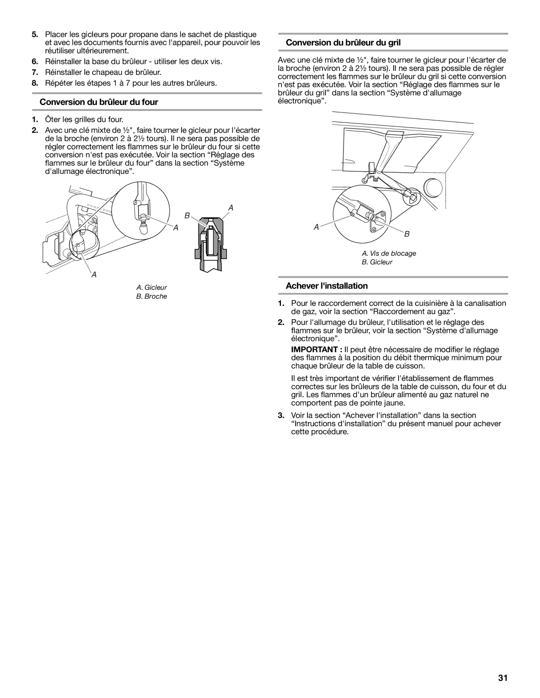 Whirlpool W10196160D installation instructions Conversion du brûleur du four 