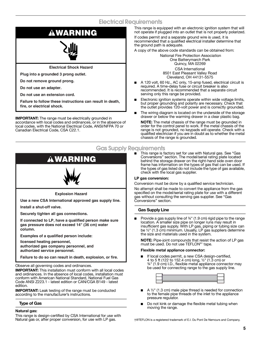 Whirlpool W10196160D Electrical Requirements, Gas Supply Requirements, Type of Gas, Gas Supply Line 