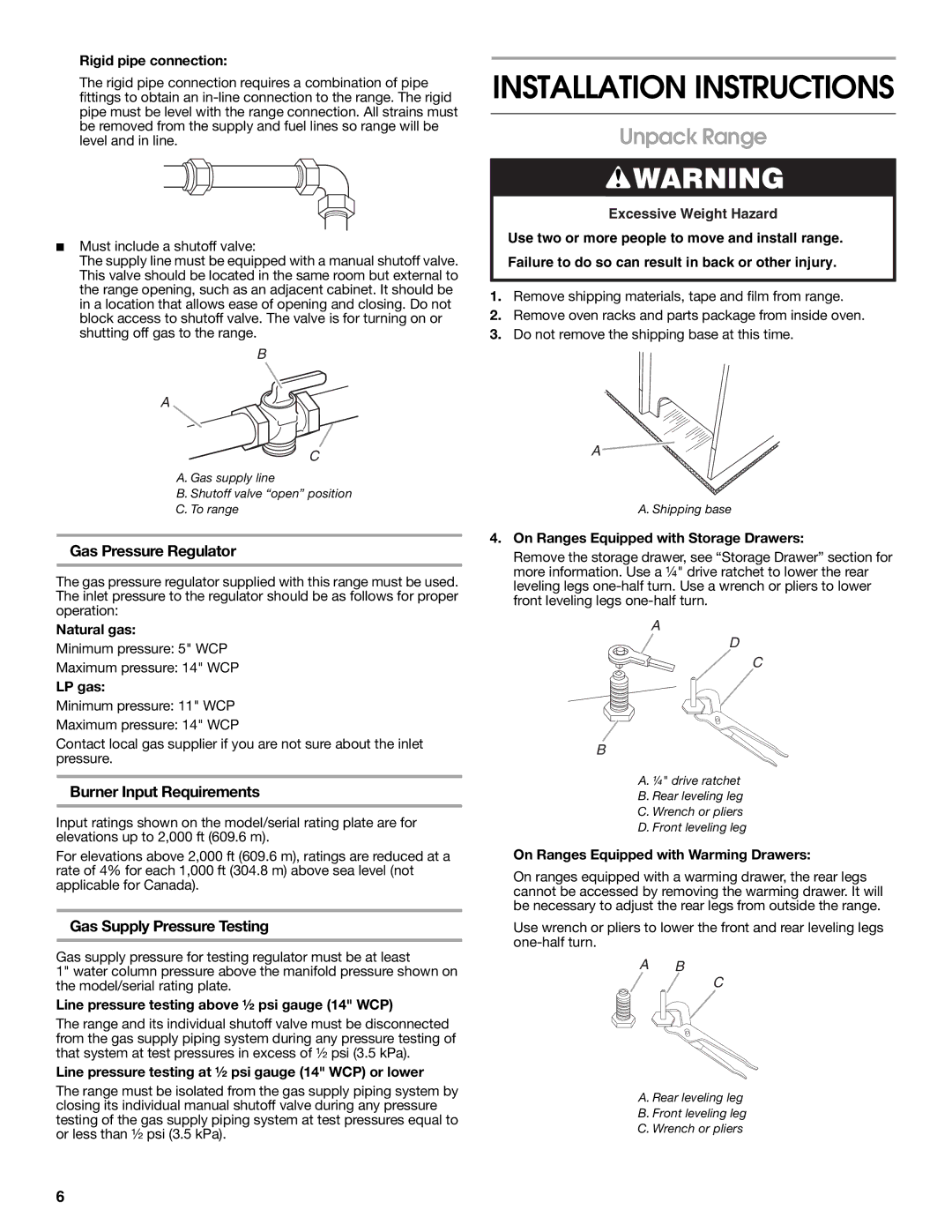 Whirlpool W10196160D Unpack Range, Gas Pressure Regulator, Burner Input Requirements, Gas Supply Pressure Testing 