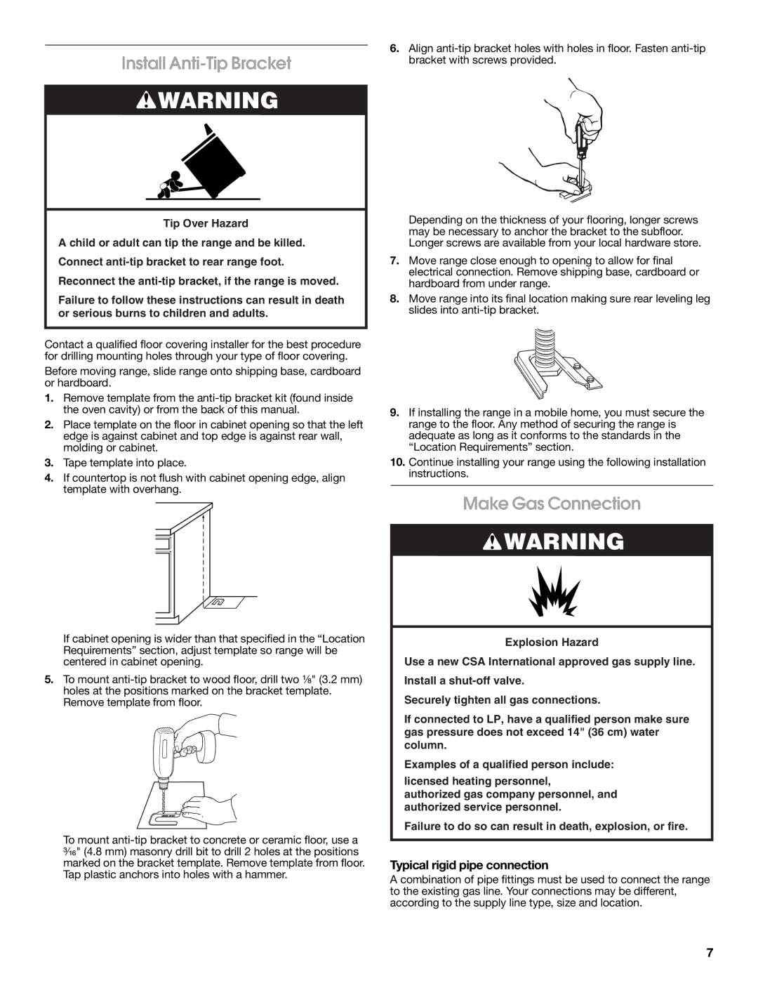 Whirlpool W10196160D installation instructions Install Anti-Tip Bracket, Make Gas Connection, Typical rigid pipe connection 