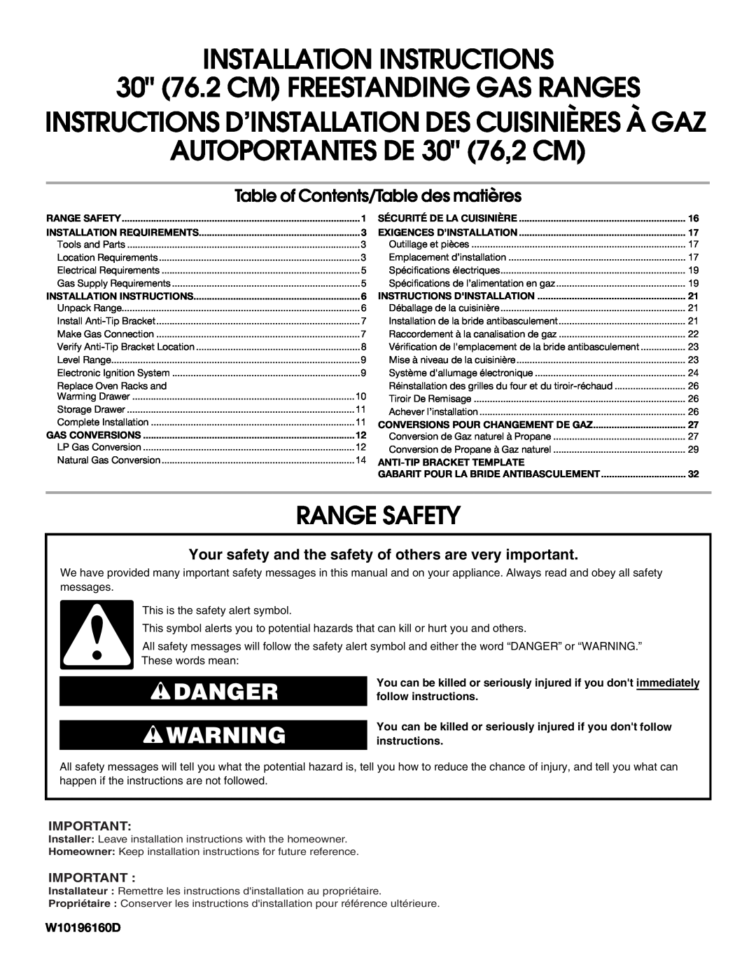 Whirlpool W10196160D installation instructions Instructions D’Installation Des Cuisinières À Gaz, Range Safety, Danger 