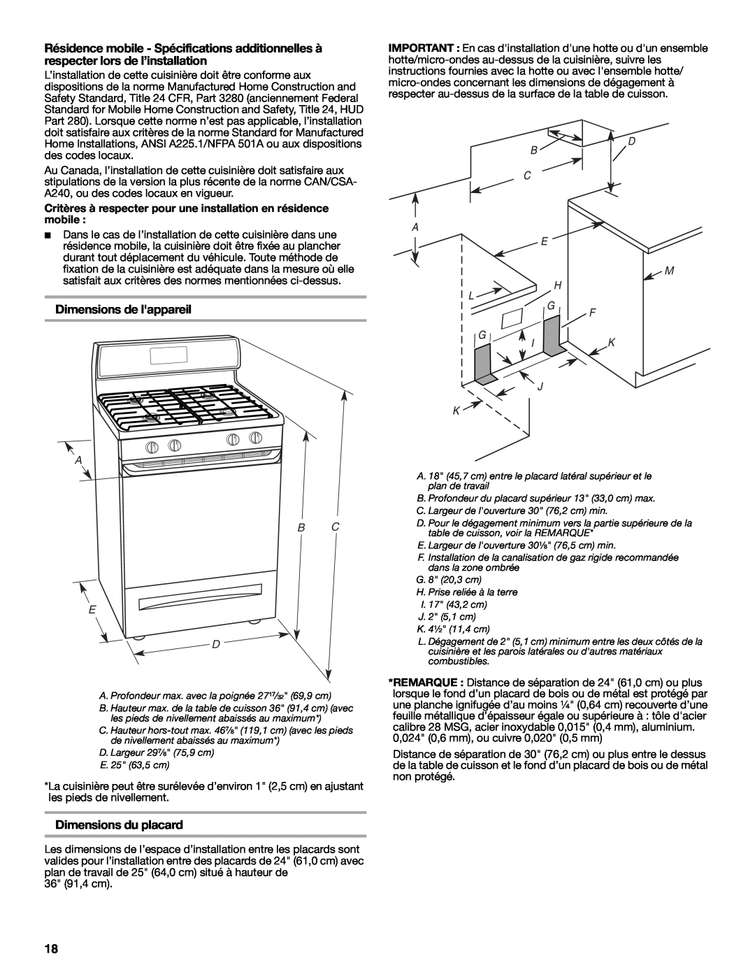 Whirlpool W10196160D installation instructions Dimensions de lappareil, Dimensions du placard, A Bc E D 