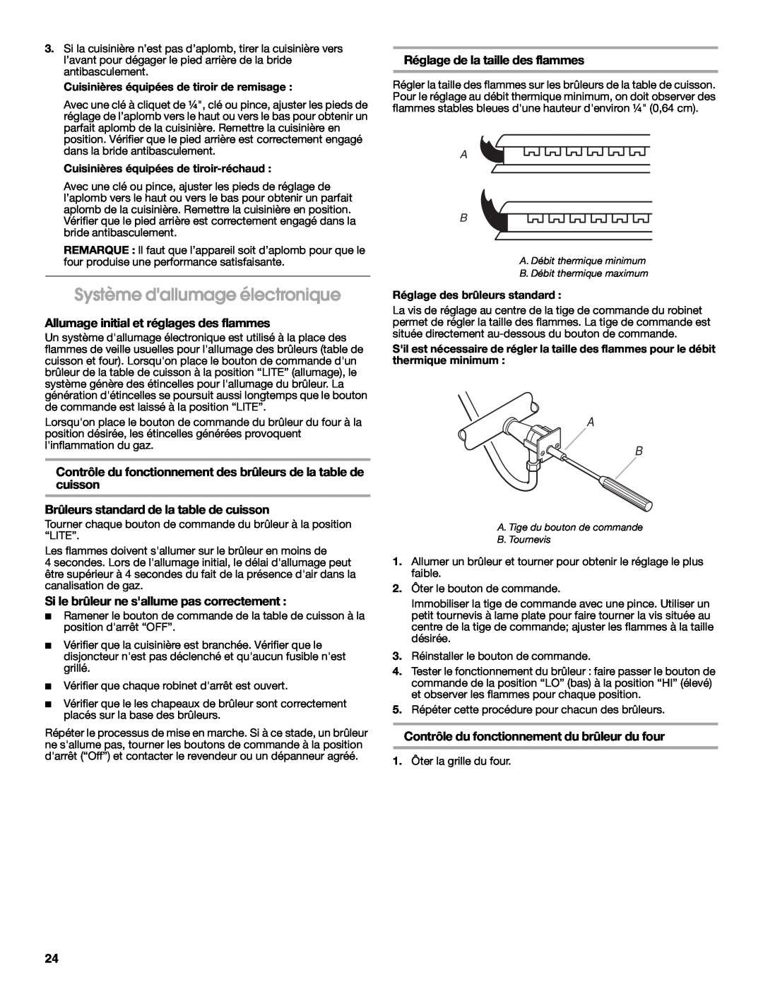 Whirlpool W10196160D installation instructions Système dallumage électronique, Allumage initial et réglages des flammes 