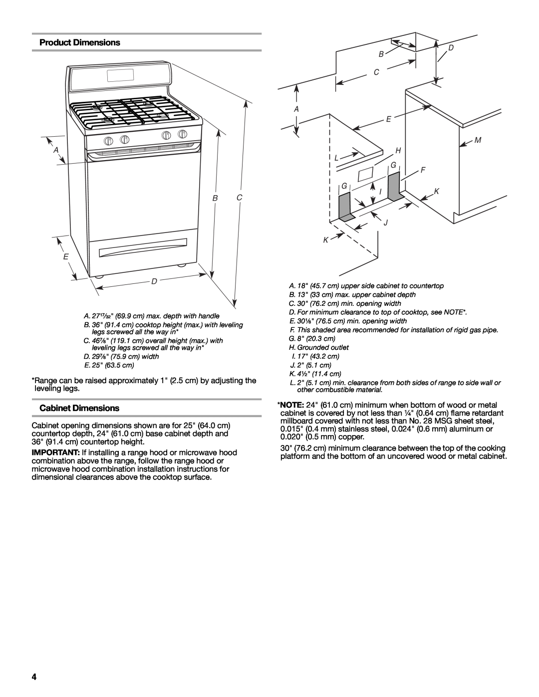 Whirlpool W10196160D installation instructions Product Dimensions, Cabinet Dimensions, A Bc E D 