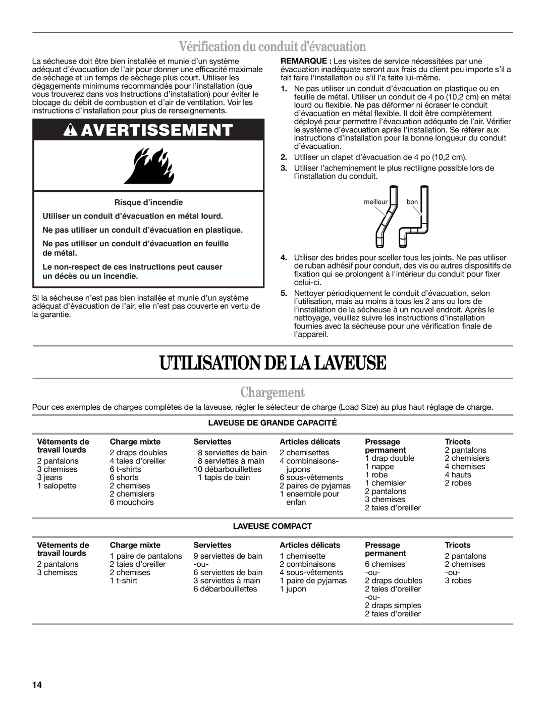 Whirlpool W10196553A warranty Utilisation DE LA Laveuse, Vérification du conduit d’évacuation, Chargement, Laveuse Compact 