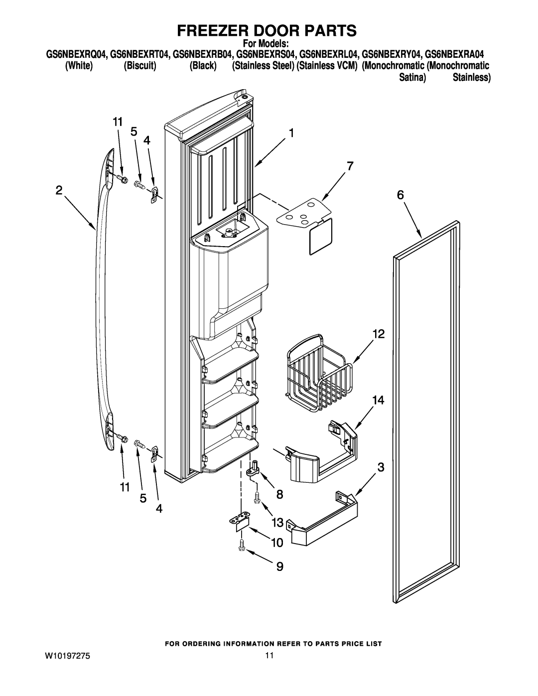 Whirlpool W10197275 manual Freezer Door Parts, For Models, White, Biscuit, Black, Satina, Stainless 