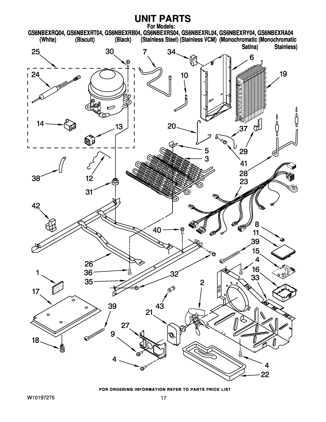 Whirlpool W10197275 manual Unit Parts, White, Biscuit, Black, For Models, Satina, Stainless 