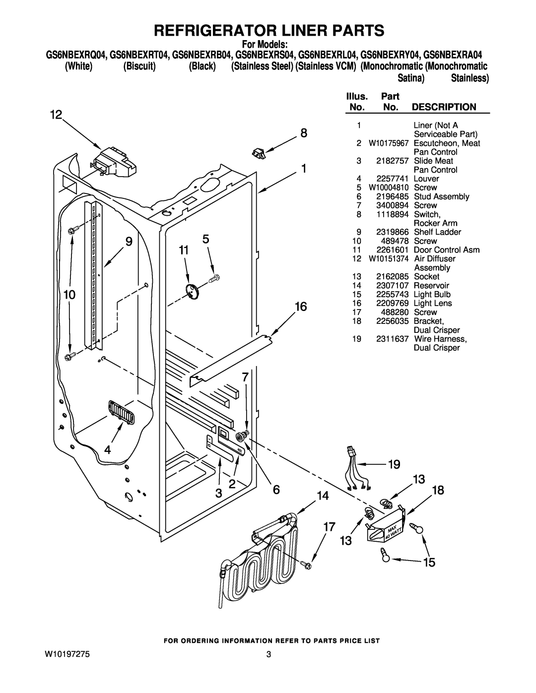 Whirlpool W10197275 manual Refrigerator Liner Parts, Illus, Description, For Models, White, Biscuit, Black, Satina 