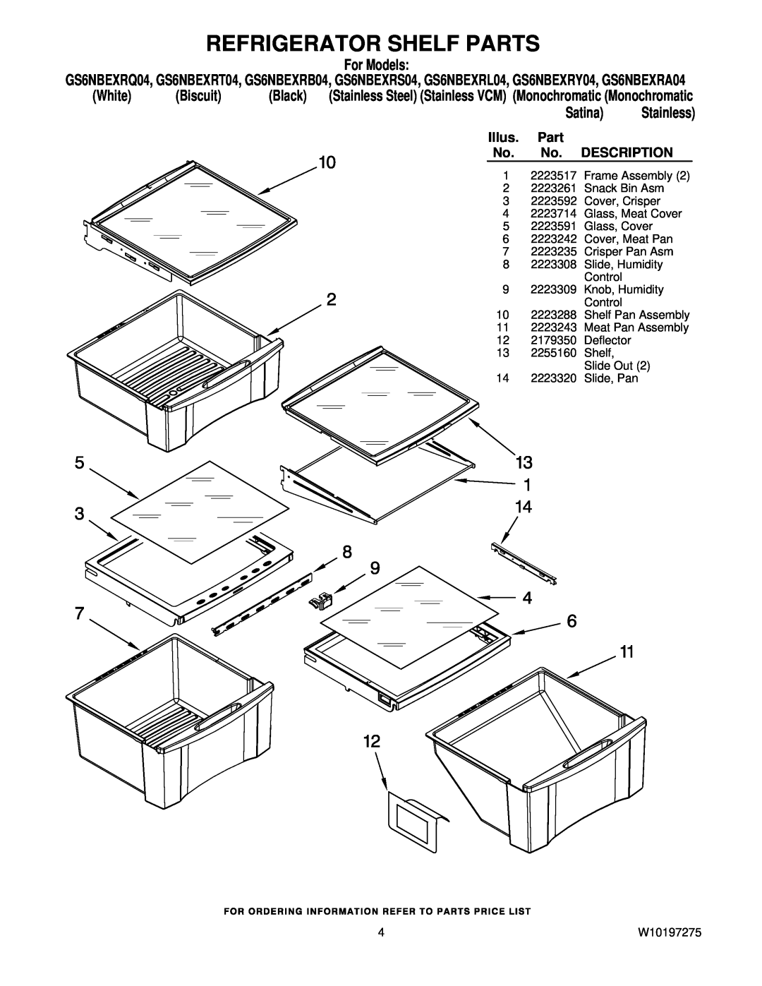 Whirlpool W10197275 manual Refrigerator Shelf Parts, For Models, White, Biscuit, Black, Satina, Illus, Description 