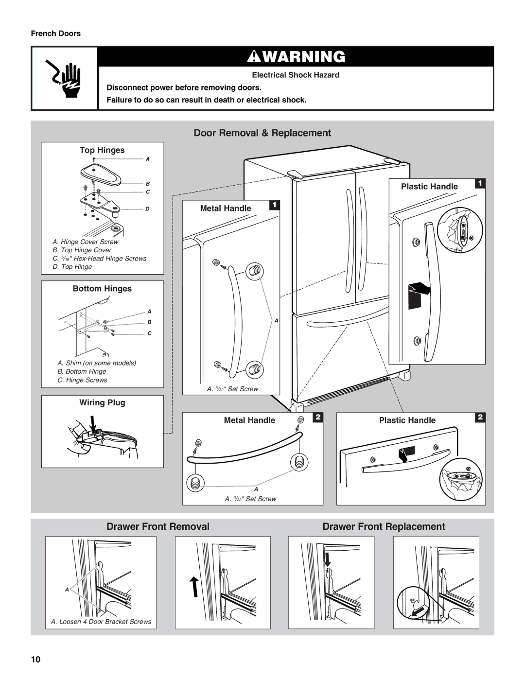 Whirlpool W10200283A, W10200284A installation instructions Door Removal & Replacement 