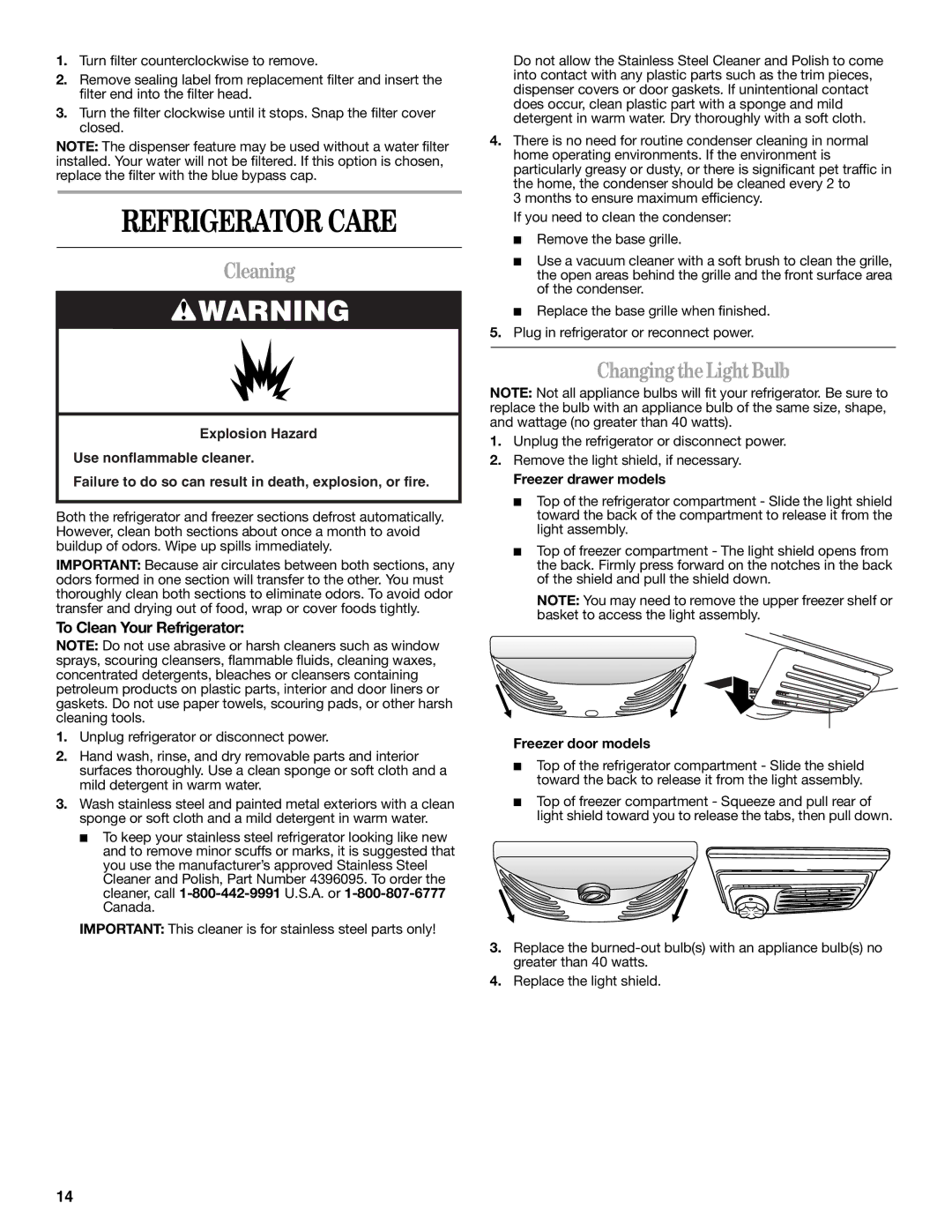 Whirlpool W10200283A, W10200284A Refrigerator Care, Cleaning, Changing the Light Bulb, To Clean Your Refrigerator 