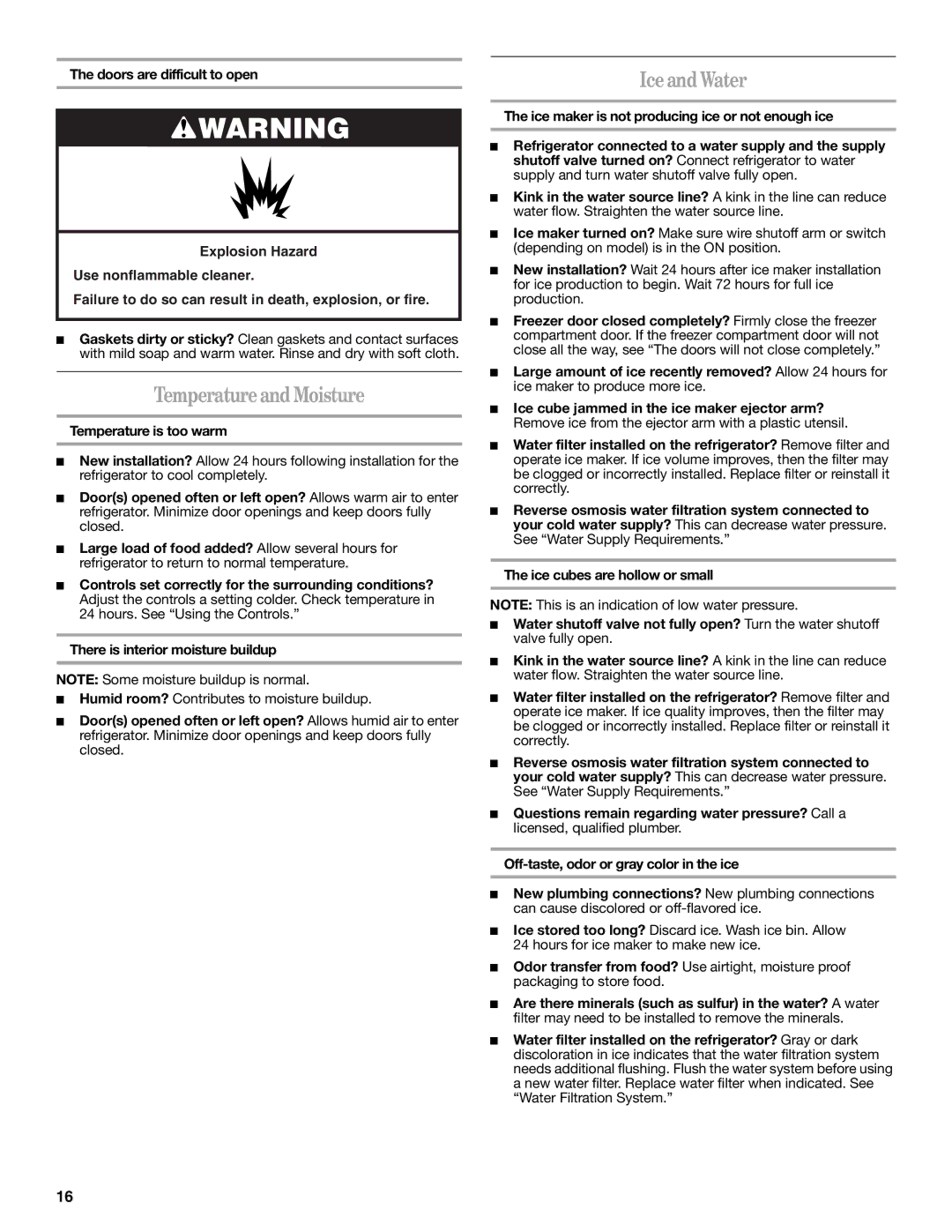 Whirlpool W10200283A, W10200284A installation instructions Temperature and Moisture, Ice and Water, Temperature is too warm 