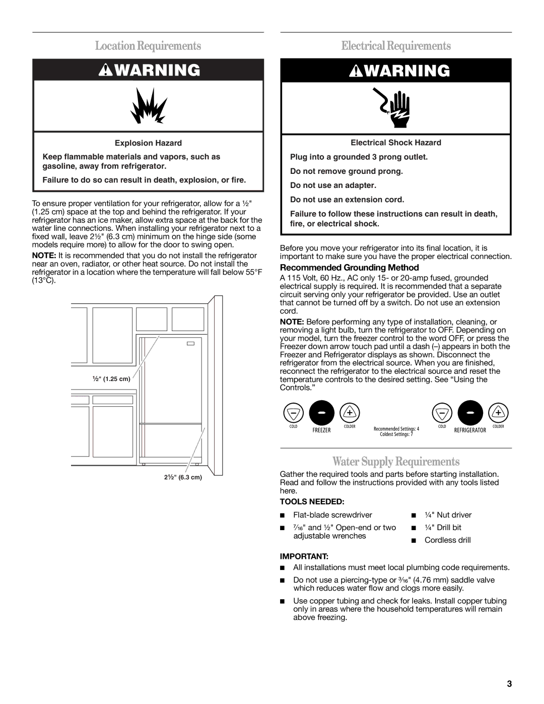 Whirlpool W10200284A, W10200283A LocationRequirements, Electrical Requirements, Water Supply Requirements, Tools Needed 