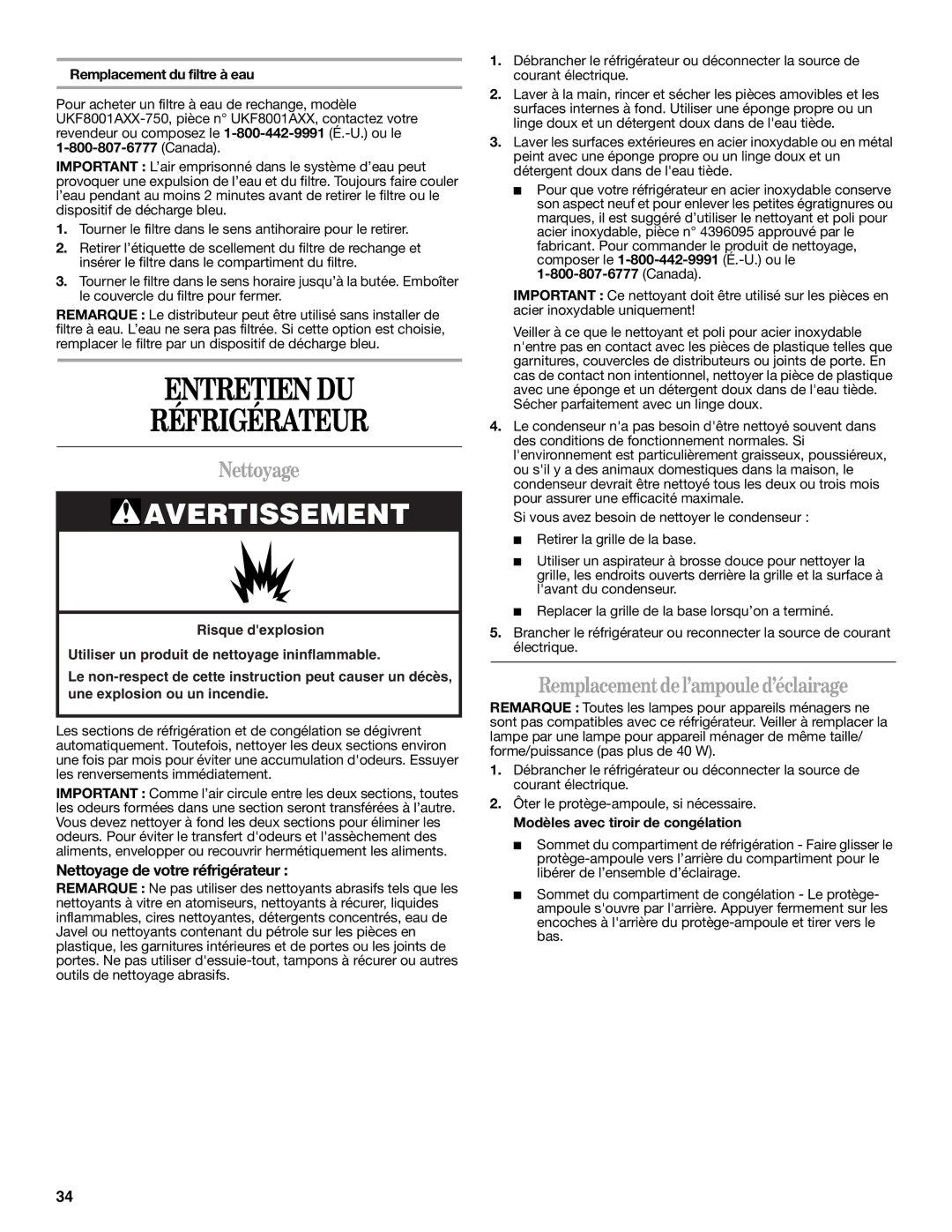 Whirlpool W10200283A, W10200284A Entretien DU Réfrigérateur, Nettoyage, Remplacement del’ampoule d’éclairage 