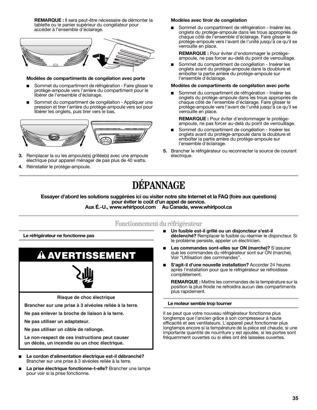 Whirlpool W10200284A, W10200283A Dépannage, Fonctionnement du réfrigérateur, Le réfrigérateur ne fonctionne pas 