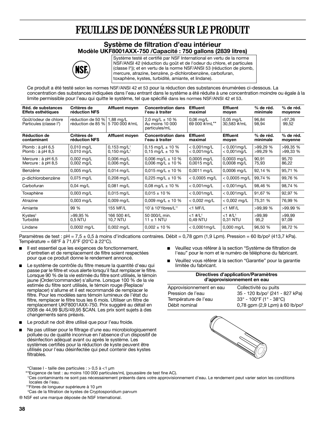 Whirlpool W10200283A, W10200284A Feuilles DE Données SUR LE Produit, Système de filtration d’eau intérieur 