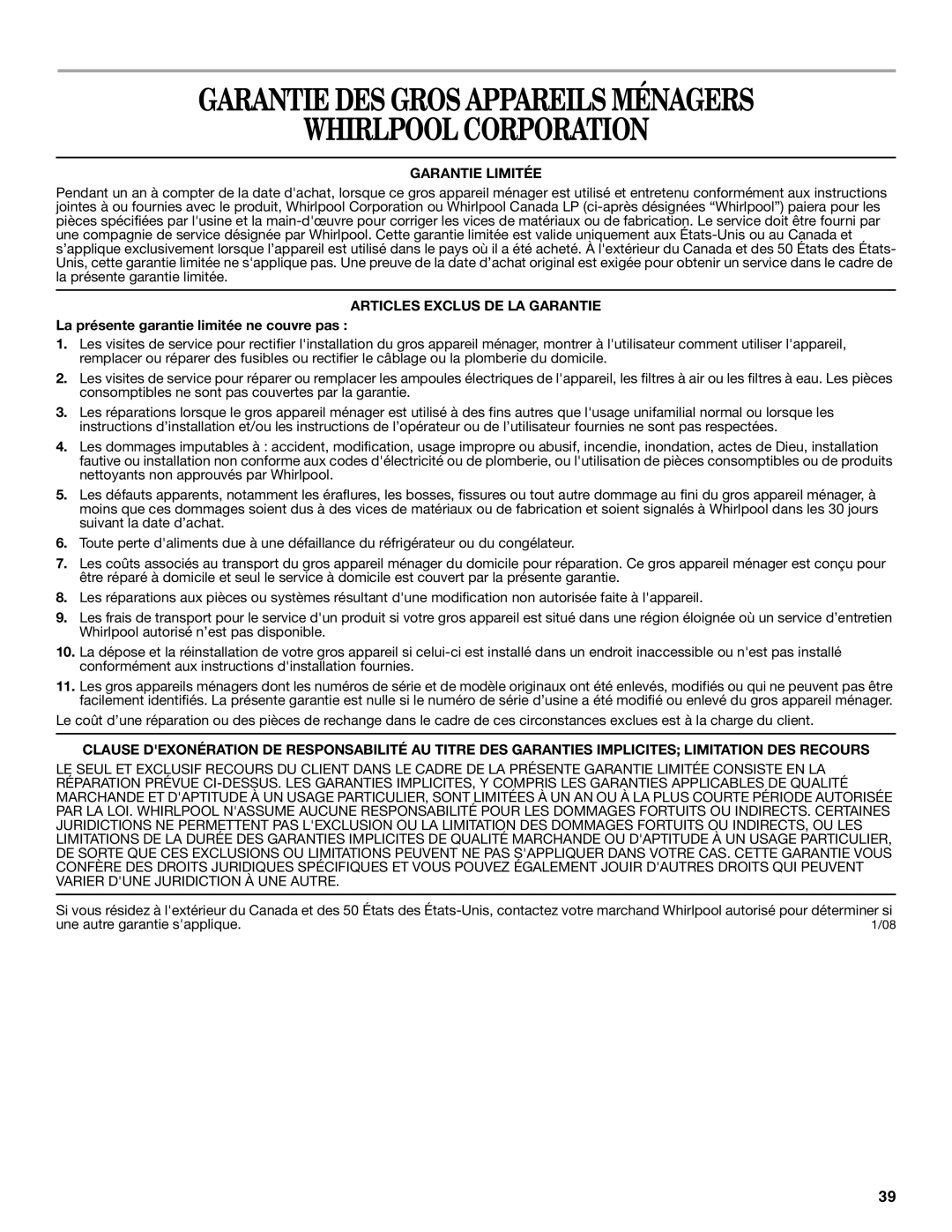 Whirlpool W10200284A, W10200283A Garantie DES Gros Appareils Ménagers Whirlpool Corporation, Garantie Limitée 