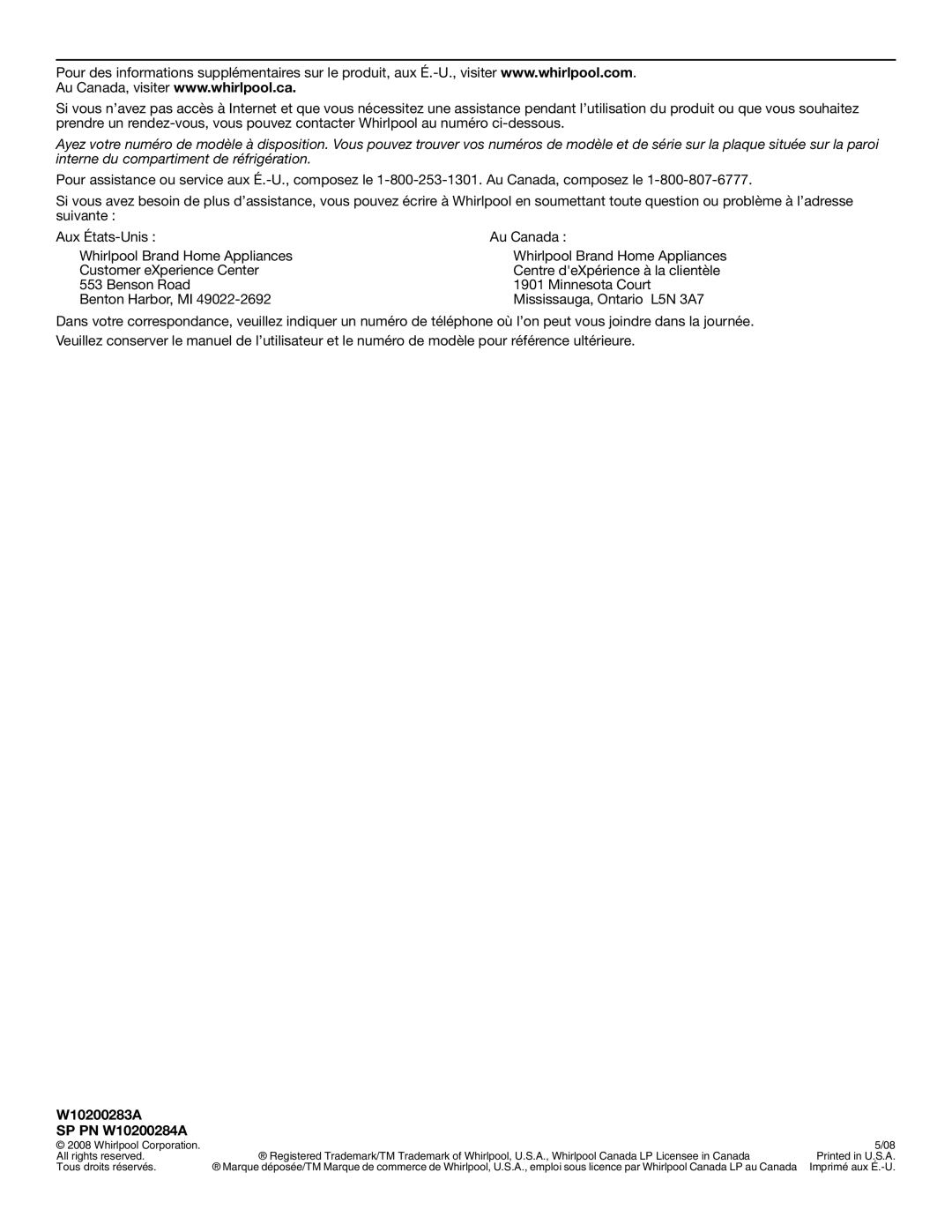 Whirlpool installation instructions W10200283A SP PN W10200284A, Whirlpool Corporation All rights reserved 