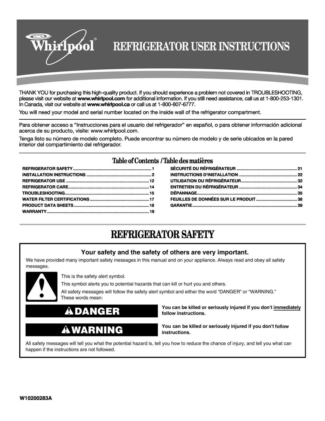 Whirlpool W10200284A installation instructions Refrigerator Safety, Danger, Table of Contents / Table desmatières 